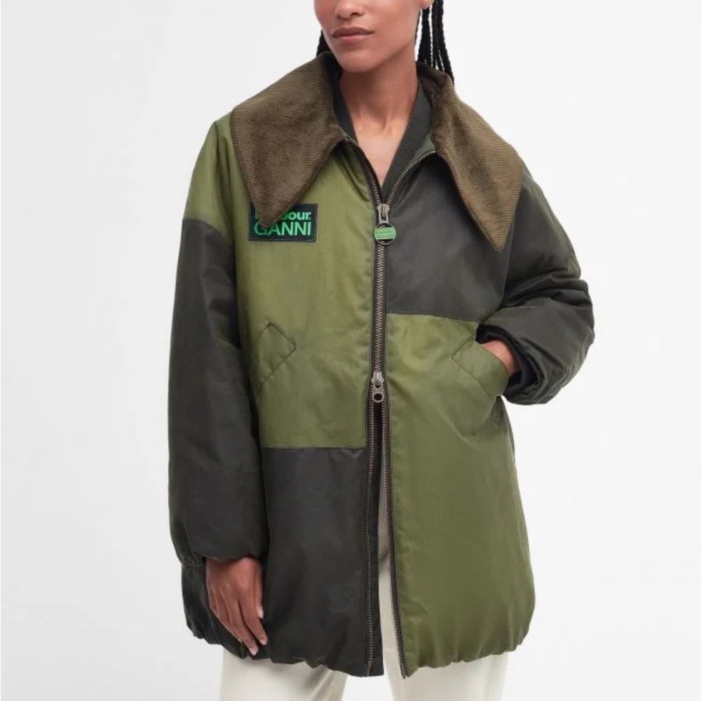 + GANNI corduroy-trimmed padded color-block waxed-cotton jacket
UK 10